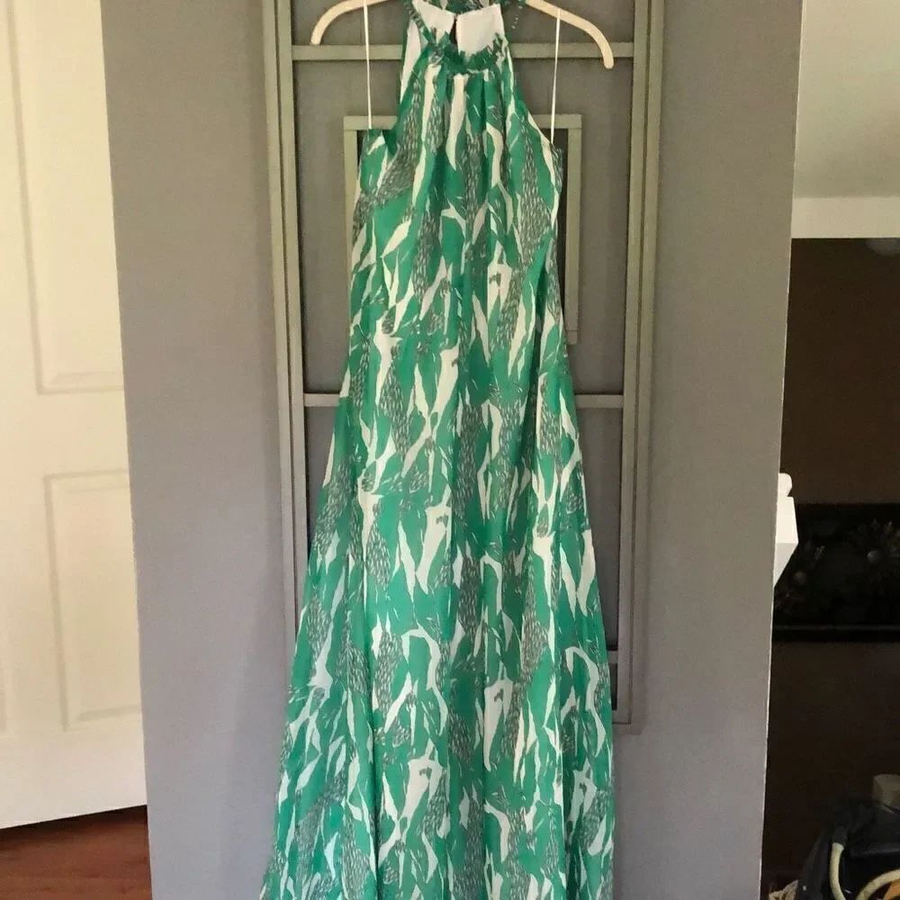 Adelyn Rae Green and white printed maxi dress sleeveless high neck open back siz